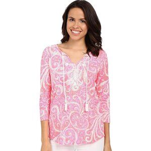 Lilly Pulitzer Holly 3/4 Sleeve Embroidered Top Womens Size Large Pink Pout Cott